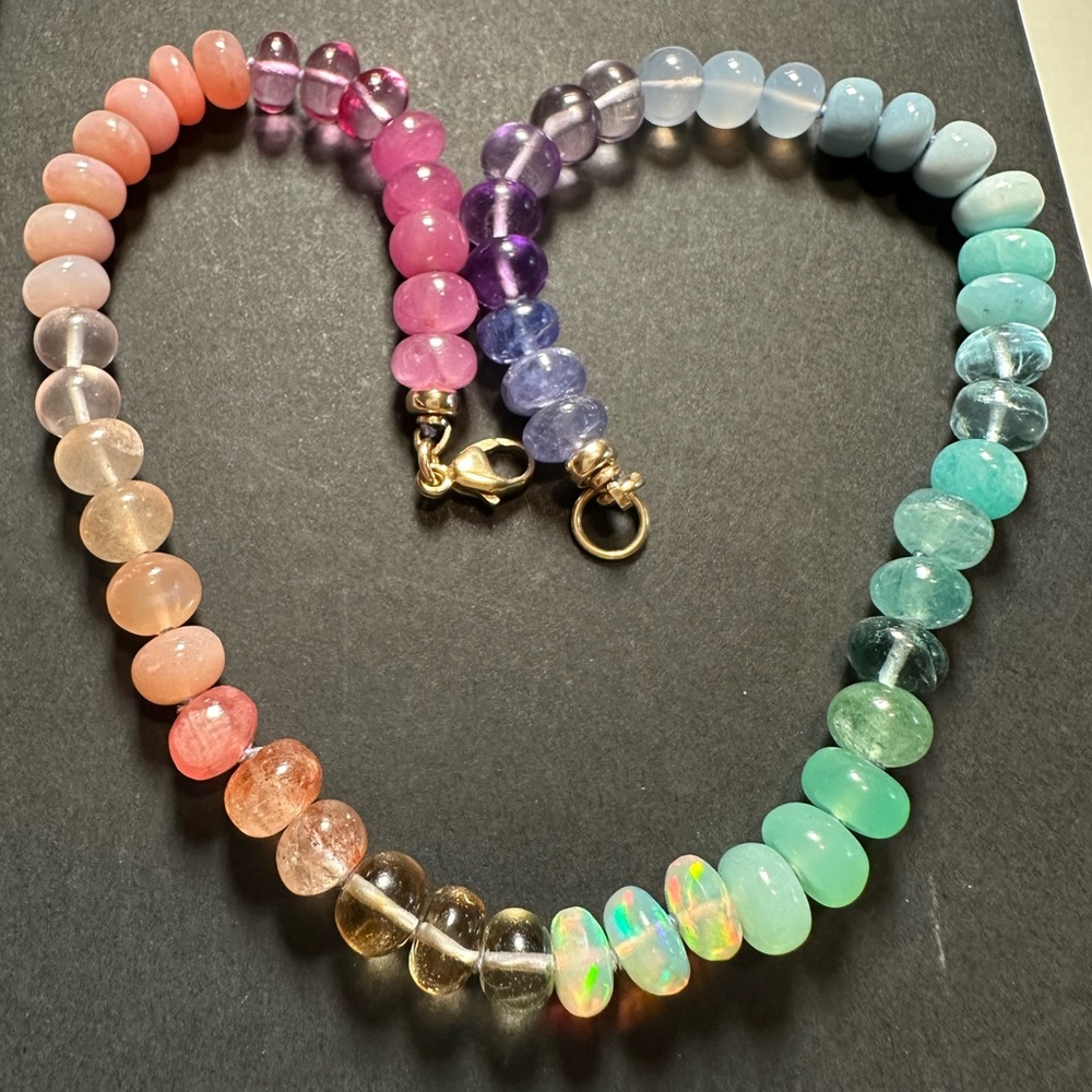 Pastel Opal Silk Knotted Beaded Necklace Extender Solid Gold 14K • 12”